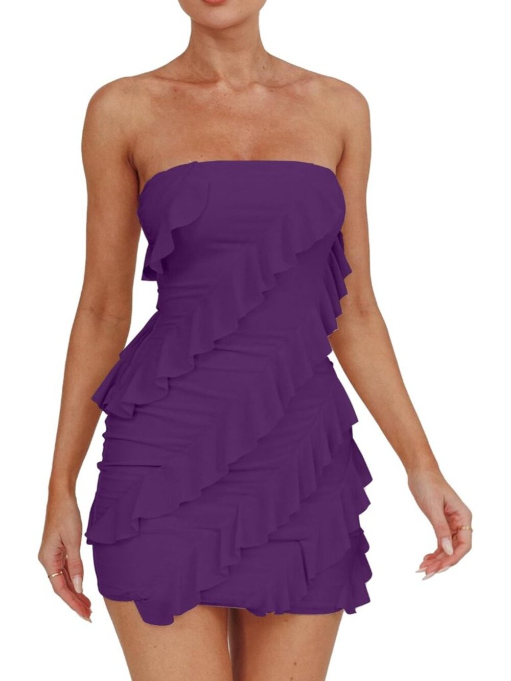 Women's Purple Strapless Tube Top Bodycon Sleeveless Ruffle Mini Party Dress